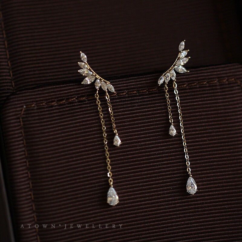 Delicate Angel Wing & Waterdrop Threader Earrings, Dainty Gold Teardrop Tassel Earrings, Climber Droplet Dangle Earring, Gift for her, GE240