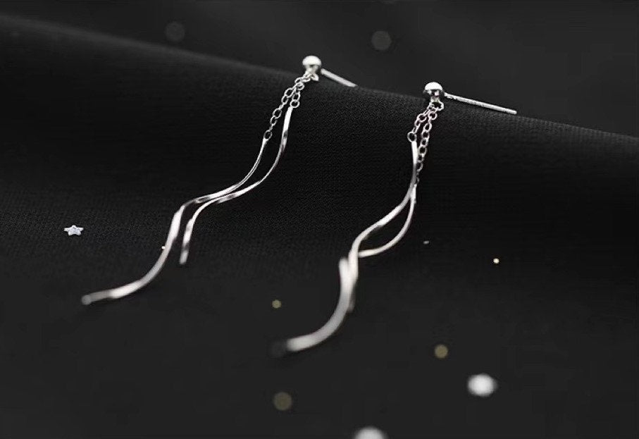 Spiral Chain Dangle Earrings, 925 Silver Wave-shape Drop Earrings, Dainty Silver Drop Earrings, Mother's Day Gifts, Long Earrings, GE228