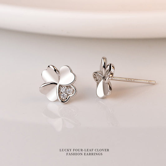 Silver Four Leaf Clover Earrings, S925 Silver Lucky Flower Stud Earrings, Sparkly CZ Flower Earrings, Natural Earring, Gift for her, GE232