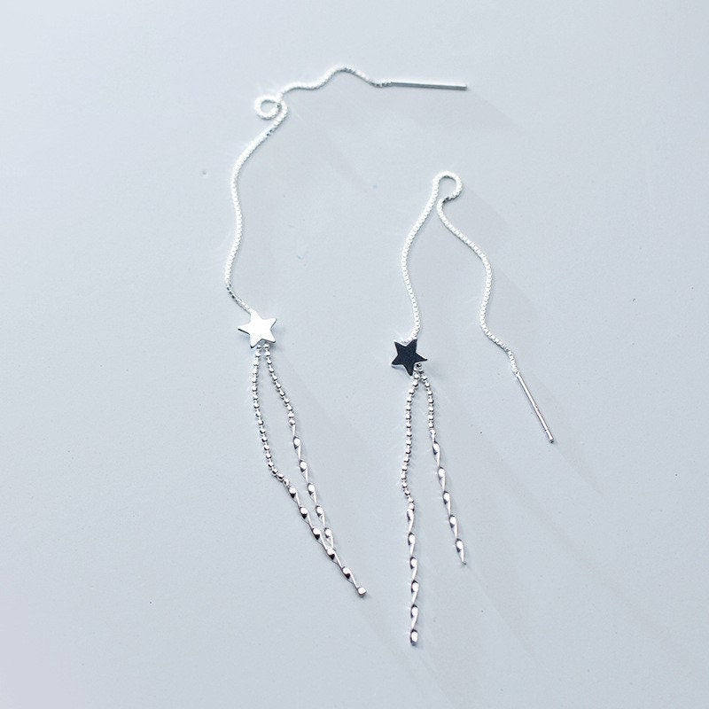 Dainty S925 Silver Star Threader Dangle & Drop Earrings, Star Tassel Earrings, Mother's Day Gift, Minimalist Earring, Gift for her GE233