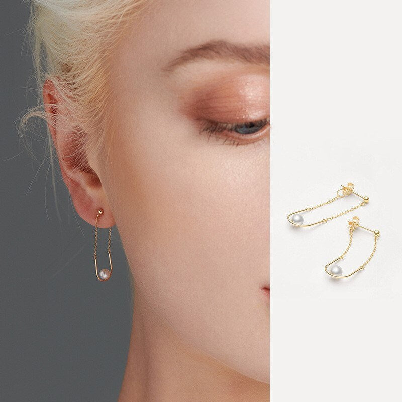 18k Gold Vermeil Swing Pearl Threader Earrings, Delicate Gold U-shape Pearl Dangle Earrings, Tassel Pearl Earring Perfect Gift for her GE248