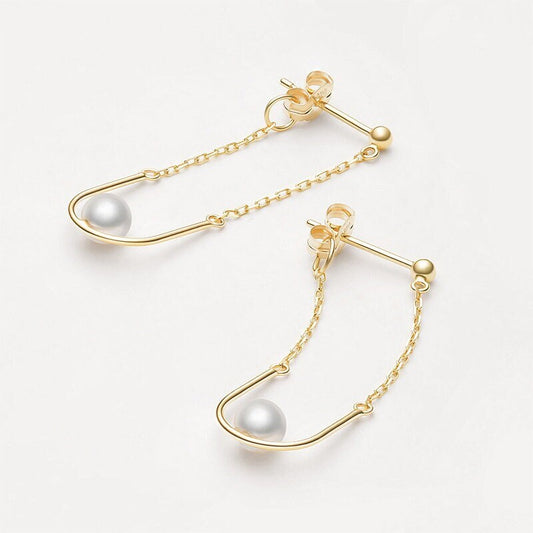 18k Gold Vermeil Swing Pearl Threader Earrings, Delicate Gold U-shape Pearl Dangle Earrings, Tassel Pearl Earring Perfect Gift for her GE248