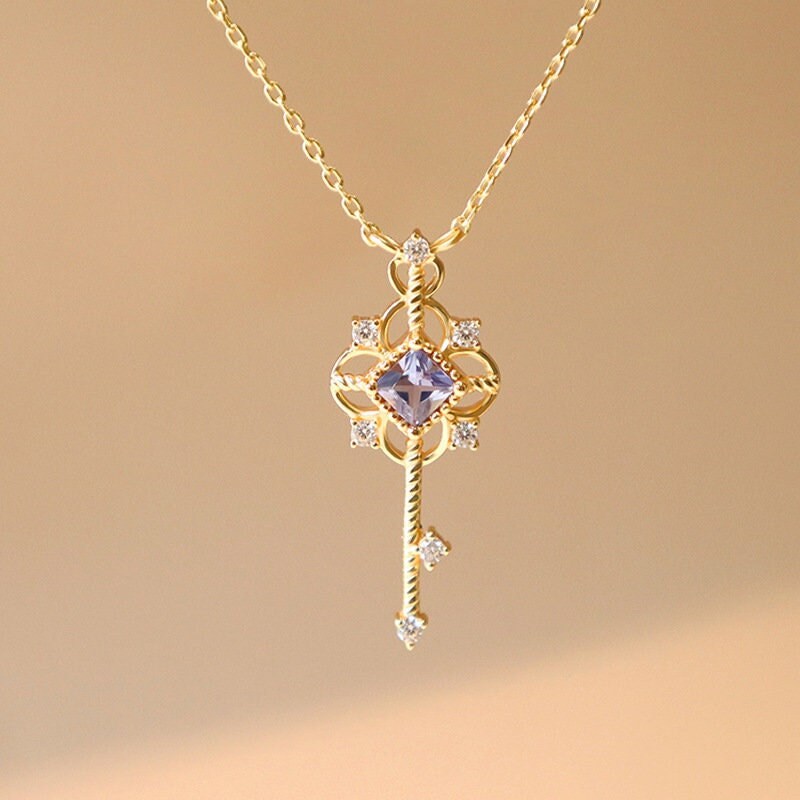 Gold Vermeil Royal Purple Key Necklace, Dainty Roman Purple CZ Key Necklace, Gold Key Pendant Necklace, Gift for her/Mom/Wife/Friend, GN67