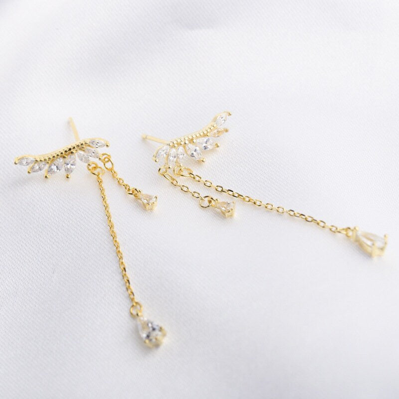 Delicate Angel Wing & Waterdrop Threader Earrings, Dainty Gold Teardrop Tassel Earrings, Climber Droplet Dangle Earring, Gift for her, GE240