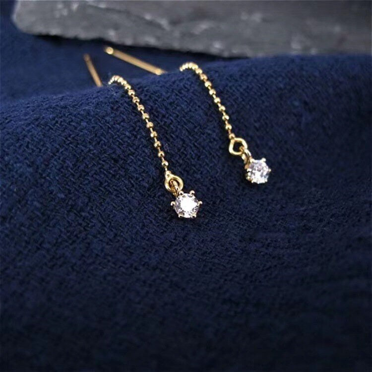 14k Gold Vermeil CZ Ball Chain Threader Earring, Ball Chain Tassel Earring, Dainty CZ Dangle Earring, Round CZ Ball Chain Drop Earring GE243