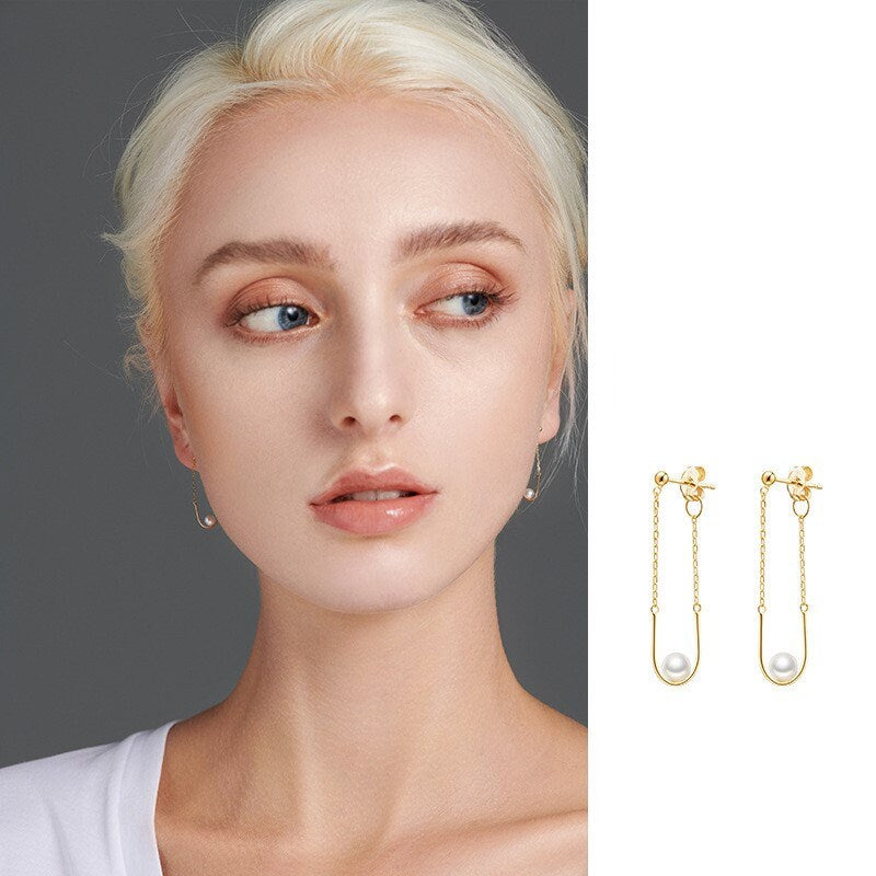 18k Gold Vermeil Swing Pearl Threader Earrings, Delicate Gold U-shape Pearl Dangle Earrings, Tassel Pearl Earring Perfect Gift for her GE248