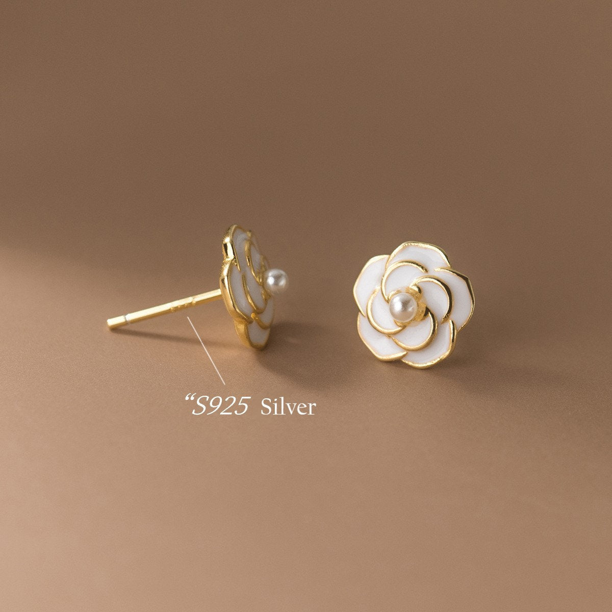 14k Gold Vermeil Camellia Stud Earrings, Enamel Camellia Flower Earrings, Gold Camellia & Tiny Pearl Earring, Minimalist Flower Studs, GE256