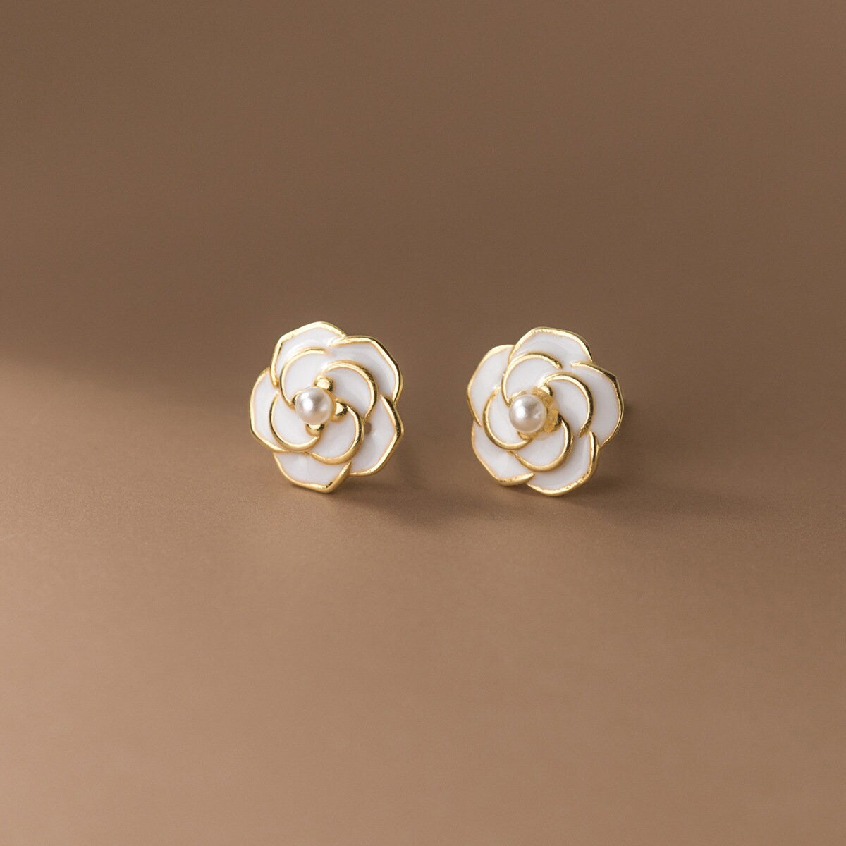 14k Gold Vermeil Camellia Stud Earrings, Enamel Camellia Flower Earrings, Gold Camellia & Tiny Pearl Earring, Minimalist Flower Studs, GE256