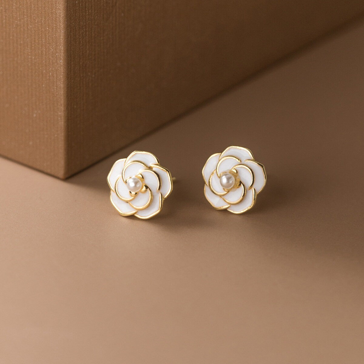 14k Gold Vermeil Camellia Stud Earrings, Enamel Camellia Flower Earrings, Gold Camellia & Tiny Pearl Earring, Minimalist Flower Studs, GE256