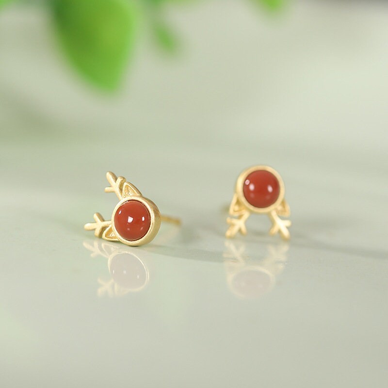 Tiny Gemstone Deer Earrings, Gold Vermeil Jade/Turquoise/Agate Earrings, Gold Deer Studs, Minimalist Gemstone Earring, Gift for her, GE252