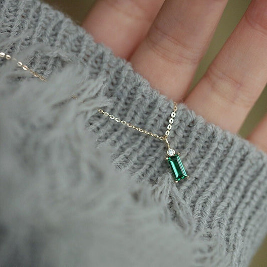 Baguette Emerald CZ Necklace, Dainty 14k Yellow Gold Plated 925 Silver Necklace, Small Gold Emerald Choker, Minimalist Necklace, Gifts, GN14