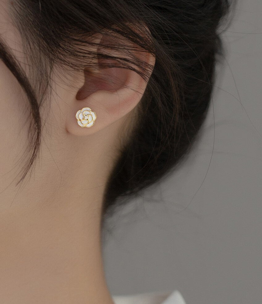 14k Gold Vermeil Camellia Stud Earrings, Enamel Camellia Flower Earrings, Gold Camellia & Tiny Pearl Earring, Minimalist Flower Studs, GE256