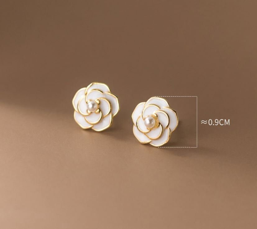 14k Gold Vermeil Camellia Stud Earrings, Enamel Camellia Flower Earrings, Gold Camellia & Tiny Pearl Earring, Minimalist Flower Studs, GE256