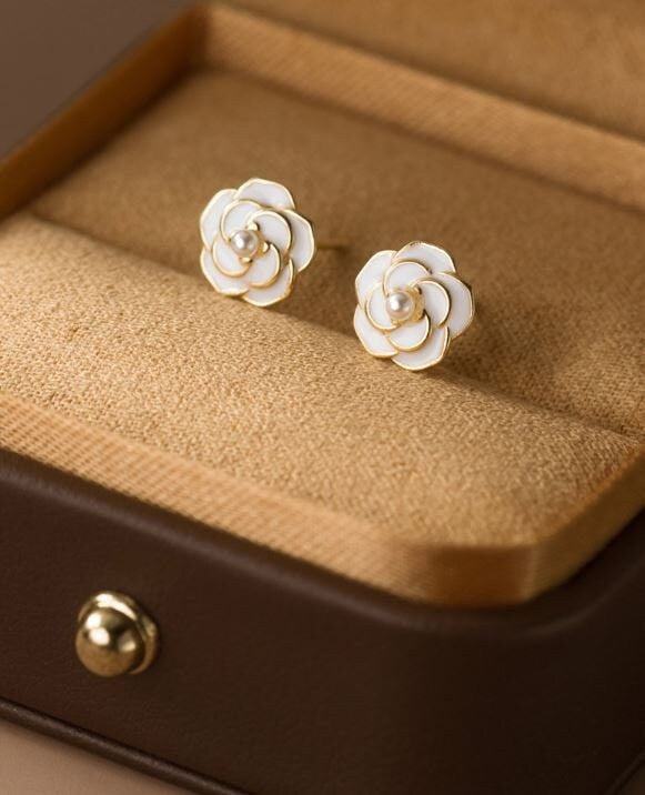 14k Gold Vermeil Camellia Stud Earrings, Enamel Camellia Flower Earrings, Gold Camellia & Tiny Pearl Earring, Minimalist Flower Studs, GE256