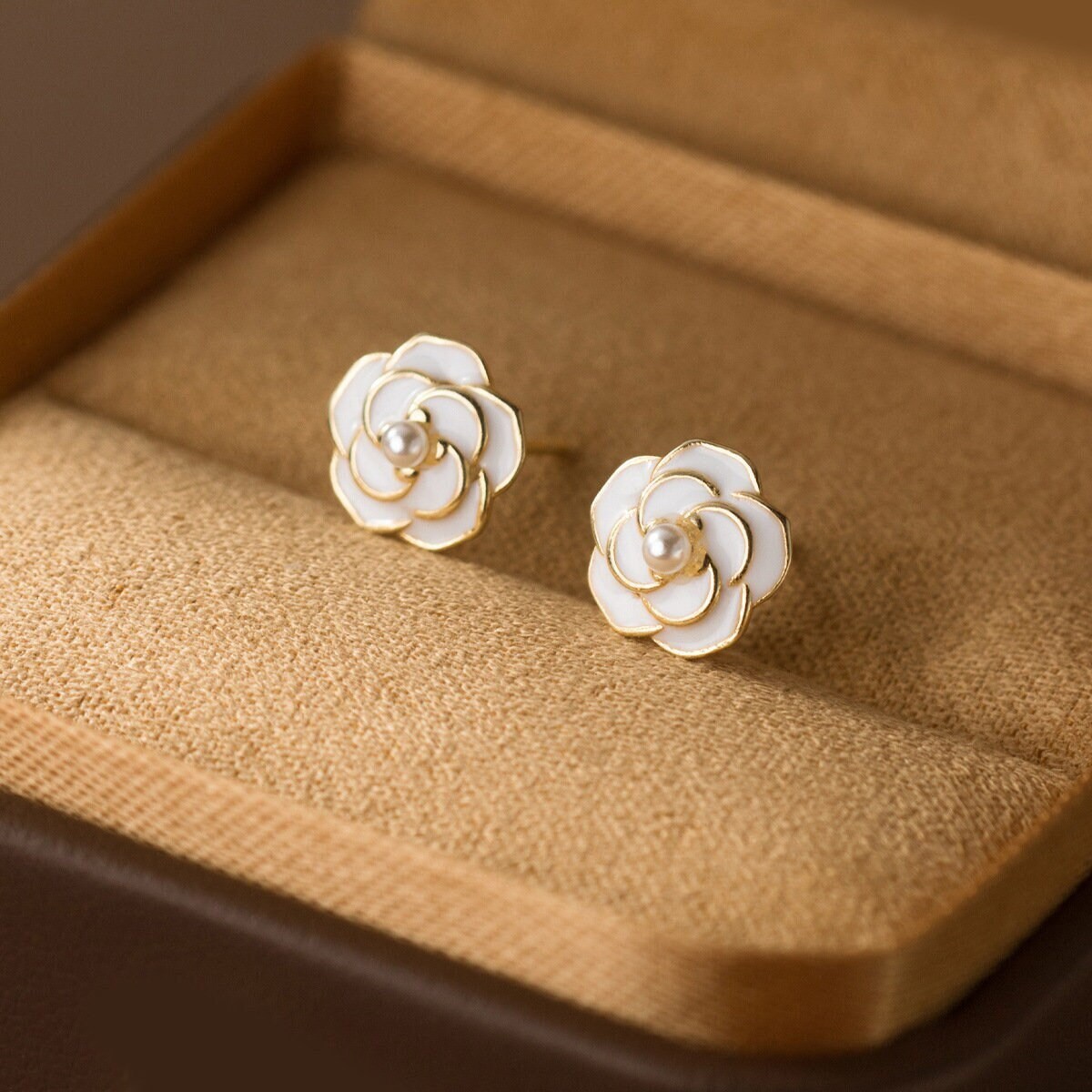 14k Gold Vermeil Camellia Stud Earrings, Enamel Camellia Flower Earrings, Gold Camellia & Tiny Pearl Earring, Minimalist Flower Studs, GE256