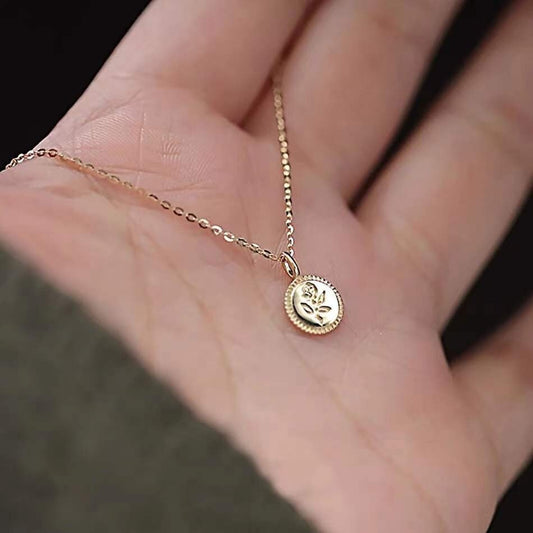 14k Gold Vermeil Rose Coin Necklace, Dainty Birth flower Pendant, Flower Gold Necklace, Rose Engraved Coin Necklace, Gift for her, GN37