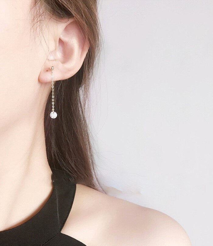 Dainty Gold Round CZ Threader Earrings, CZ Tassel Earrings, Gold CZ Dangle Earrings, Minimalist Long Chain Earrings, Gift for her, GE257