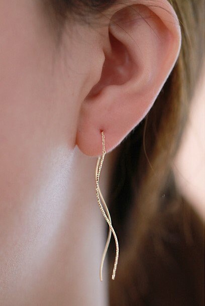 Dainty Gold Wave Threader Earrings, Gold Geometry Tassel Earrings, Curved Lines Dangle Earring, Gift for her, Minimalist Long Earrings GE258