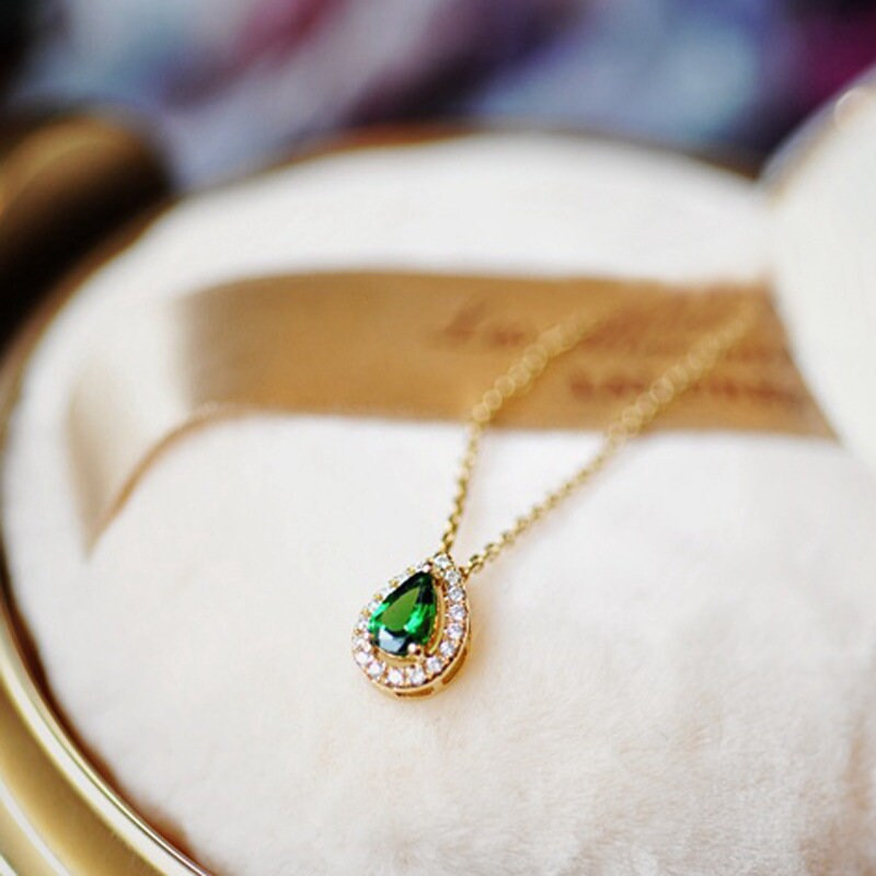 Emerald Waterdrop Necklace, Gold Vermeil Emerald CZ Teardrop Necklace, Droplet Emerald CZ Pendant, Minimalist Necklace, Gift for her, GN77