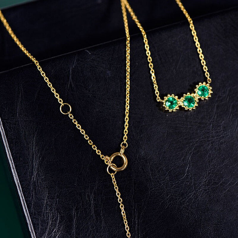 Gold Trio Emerald CZ Necklace, Triple Round Cut Emerald Necklace, Tiny Emerald CZ Pendant, Gold Vermeil Emerald Necklace, Gift for her, GN78