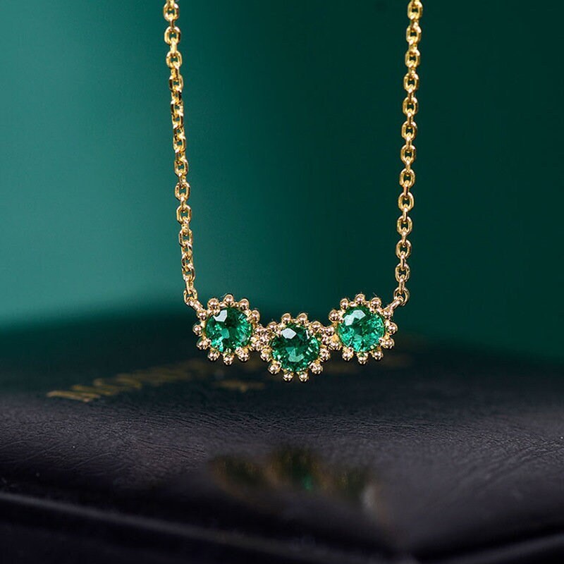 Gold Trio Emerald CZ Necklace, Triple Round Cut Emerald Necklace, Tiny Emerald CZ Pendant, Gold Vermeil Emerald Necklace, Gift for her, GN78