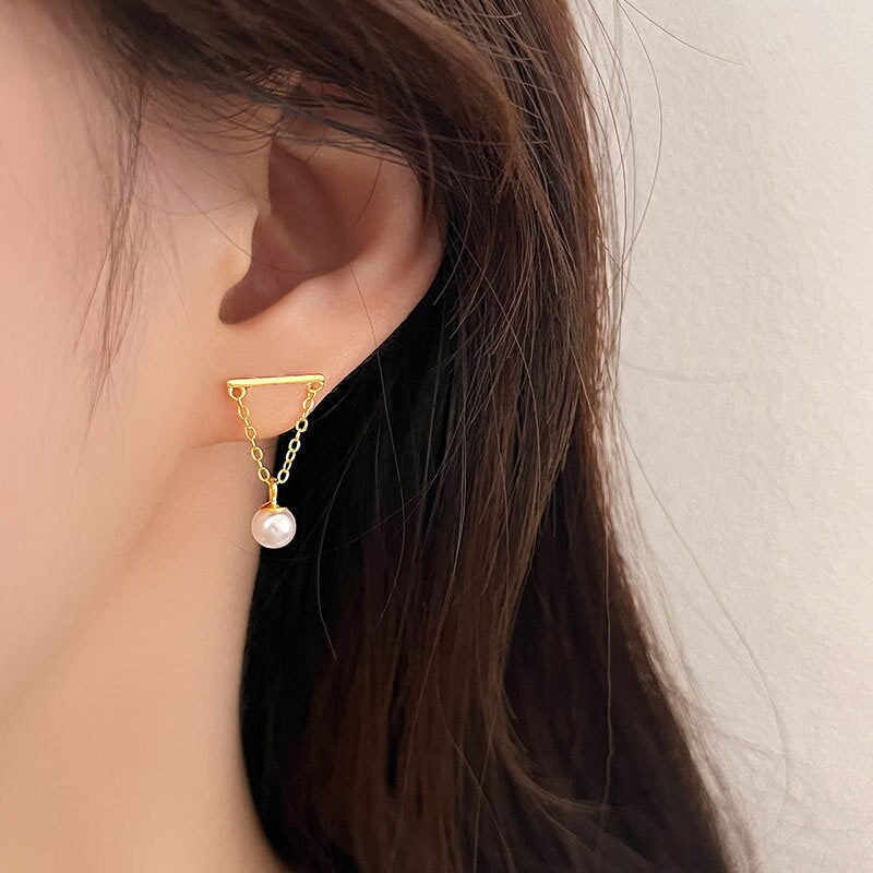 Dainty Pearl Triangle Dangle & Drop Earrings, Gold Vermeil Pearl Tassel Earrings, 925 Silver Pearl Threader Earring, Minimalist, Gift GE274