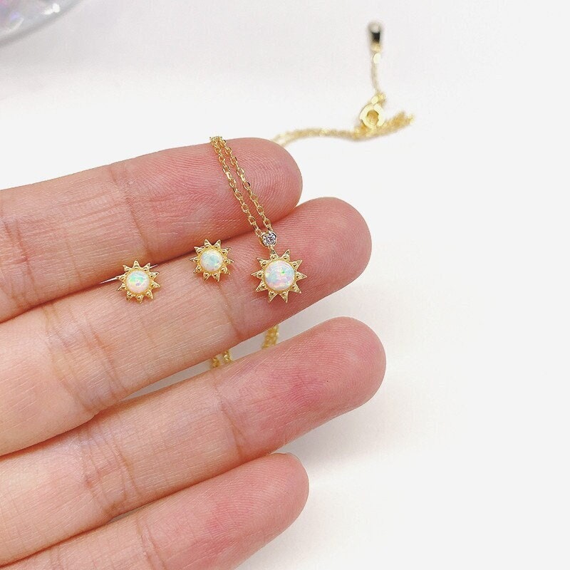 18k Gold Vermeil Opal Sunburst Earrings, Small Dainty Simulated Opal Gold Sun Earrings, Minimalist Opal Studs, Matched Necklace Available