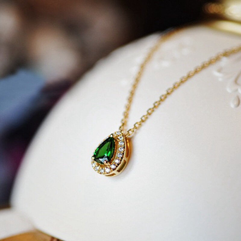 Emerald Waterdrop Necklace, Gold Vermeil Emerald CZ Teardrop Necklace, Droplet Emerald CZ Pendant, Minimalist Necklace, Gift for her, GN77