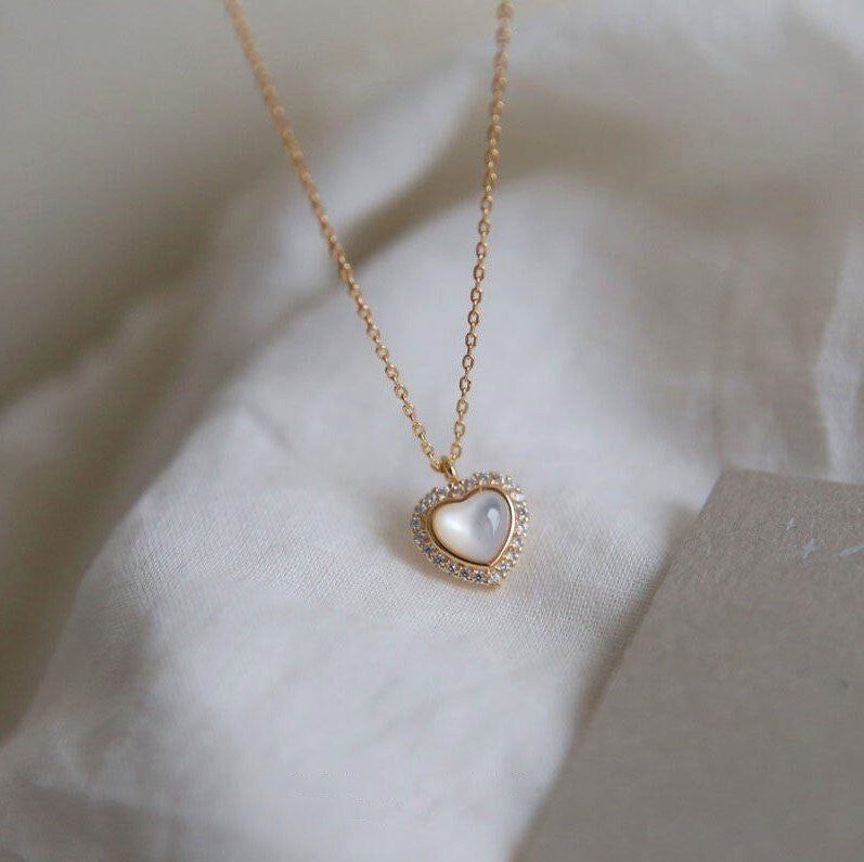 Rose Gold Shell Pearl Heart Necklace, Heart Paving Full CZ Necklace, Champion Gold Heart Necklace, Anniversary gift, Gift for her, GN79