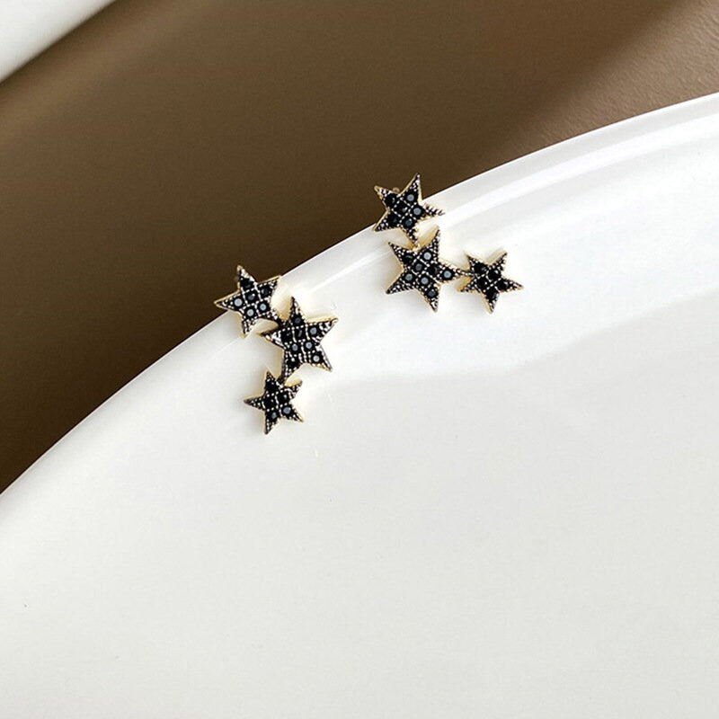 Black CZ Star Stud Earrings, Gold Black Star Earrings, Trio Star Earrings, Three Black Star Earrings, Minimalist Earring, Gift for her GE267