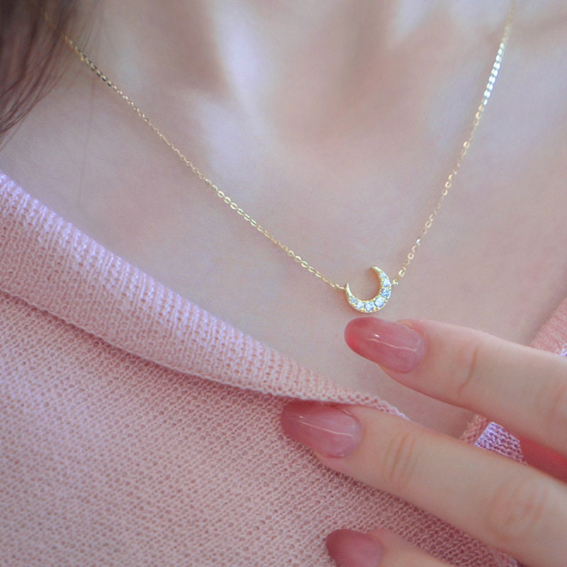 14k Gold Vermeil CZ Crescent Moon Necklace, CZ Moon Necklace, Gold Moon Pendant, Dainty Moon Features Full CZ Necklace, Gift for her, GN84