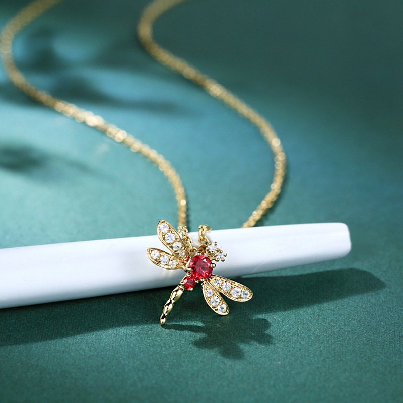 14k Gold Vermeil Dragonfly Necklace, Pomegranate CZ Dragonfly Necklace, Ruby CZ Pomegranate Pendant, Animal Necklace, Gift for her, GN85