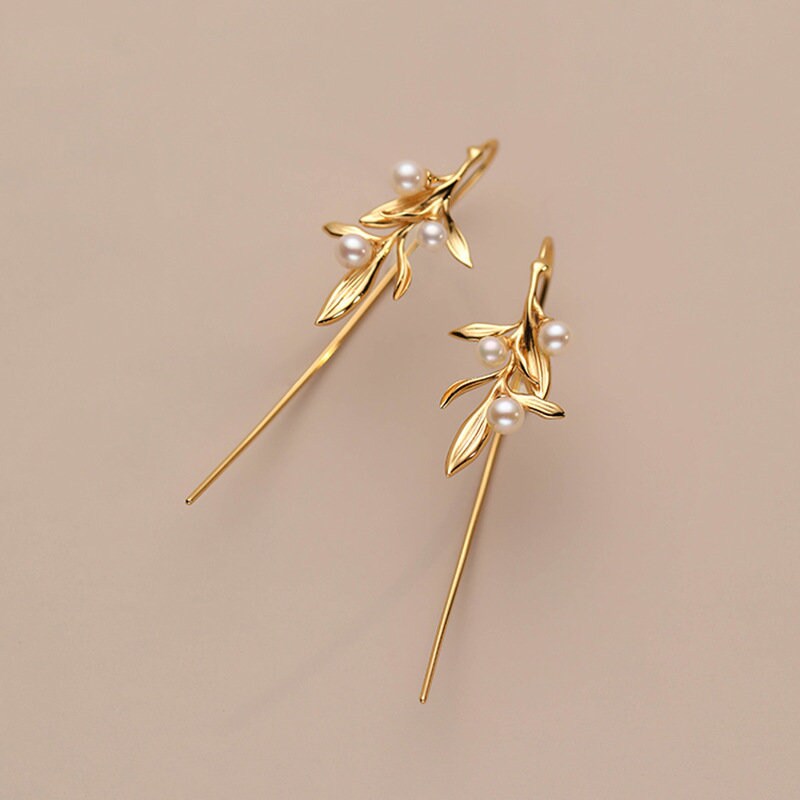 14k Gold Vermeil Leaf Hook Earrings, Dainty Pearl Leaf Drop & Dangle Earrings, Pearl Leaf Hook Earrings, Perfect Gift for her, GE279