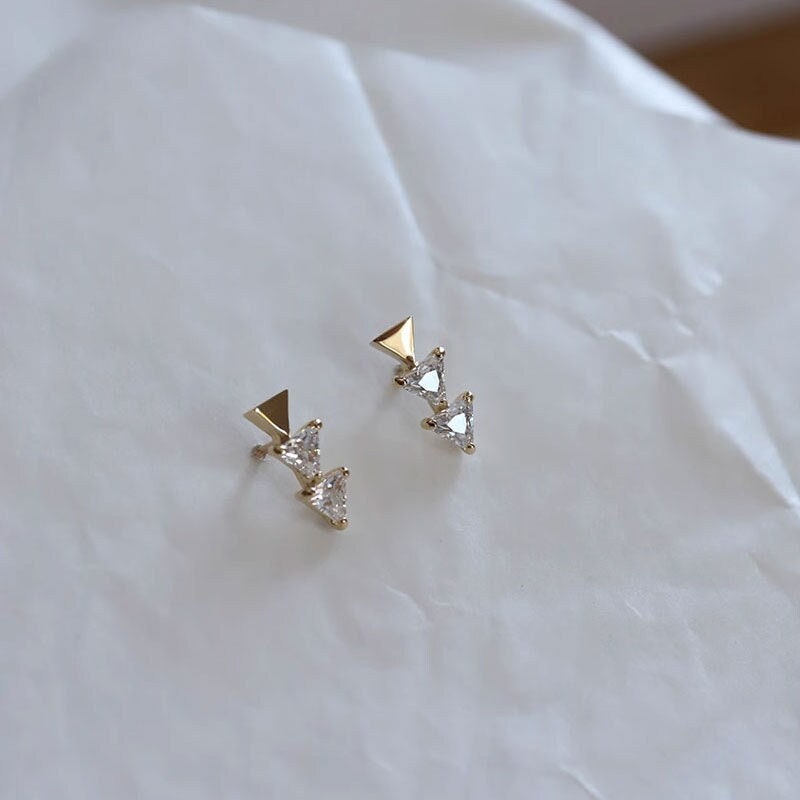 14k Gold Vermeil Triangle CZ Earrings, Trio Triangle Earrings, Dainty CZ Triangle Studs, Minimalist Geometry Earring, Gift for her, GE282