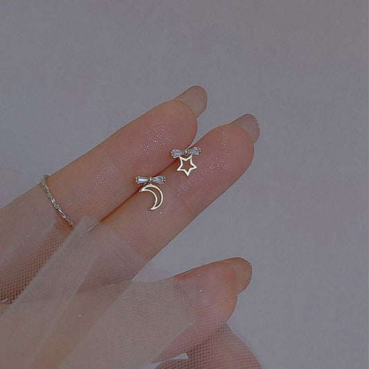 925 Silver CZ Bow Moon & Star Earrings, Mismatched Star Moon Earrings, Dainty CZ Bow Star Moon Studs Asymmetrical Earring Gift for her GE284