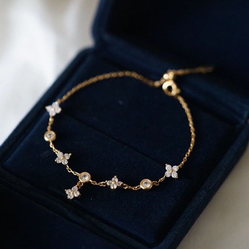 Dainty 925 Silver CZ Clover Bracelet, Gold Vermeil CZ Flower Bracelet, Flower Charm Adjustable Bracelet, Bridesmaid Gift, Gift for Her GB08