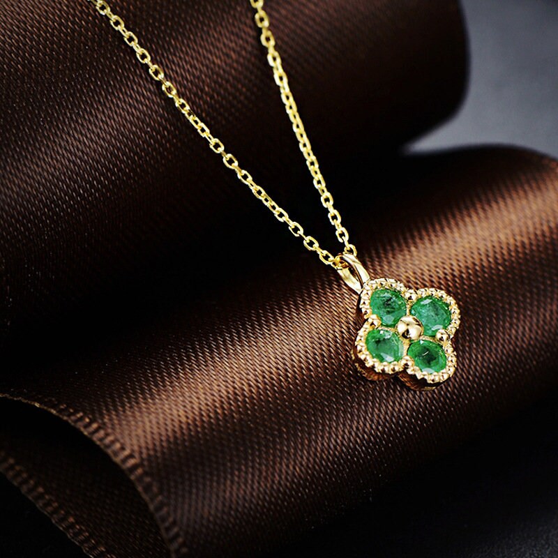 Tiny Emerald CZ Clover Necklace, Small Emerald Flower Necklace, Four Leaf Emerald Necklace, Minimalist Green CZ Necklace, Gift for her, GN81