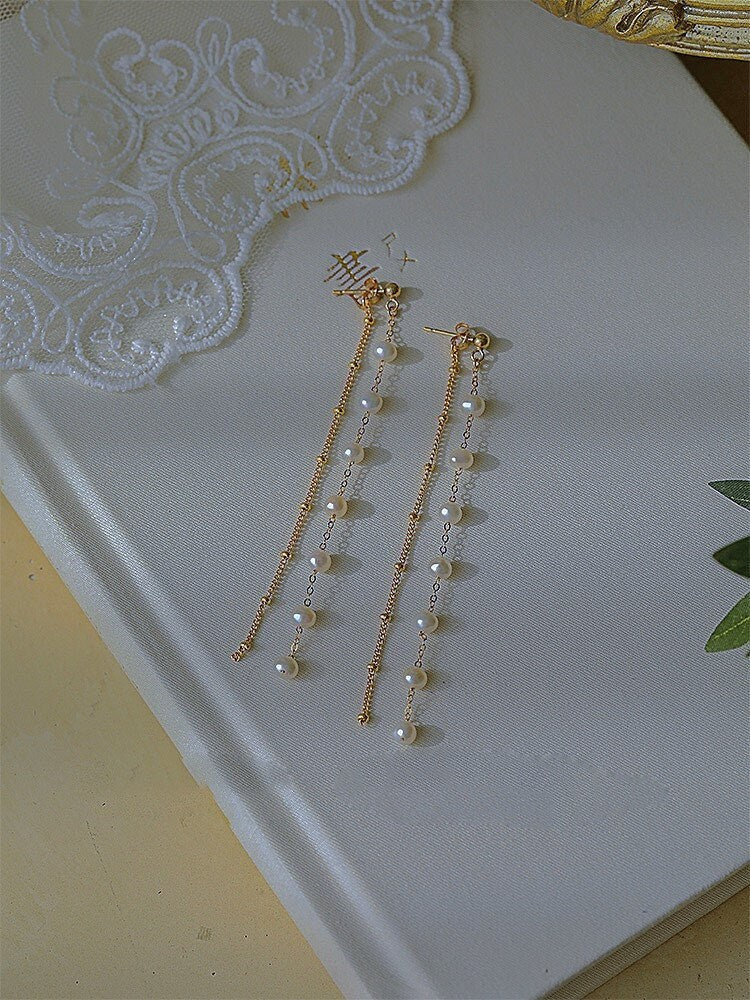 Delicate Pearl Threader Earrings, 14k Gold Filled Pearl Dangle Earring, Pearl Tassel Earrings, Bridal/Wedding Earrings, Bridal Gift, GE285