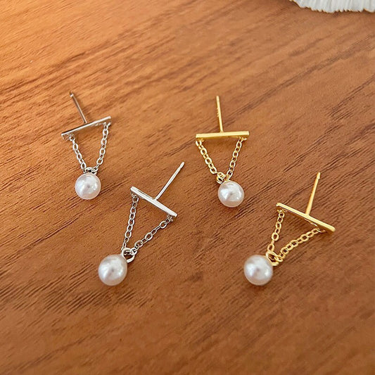 Dainty Pearl Triangle Dangle & Drop Earrings, Gold Vermeil Pearl Tassel Earrings, 925 Silver Pearl Threader Earring, Minimalist, Gift GE274