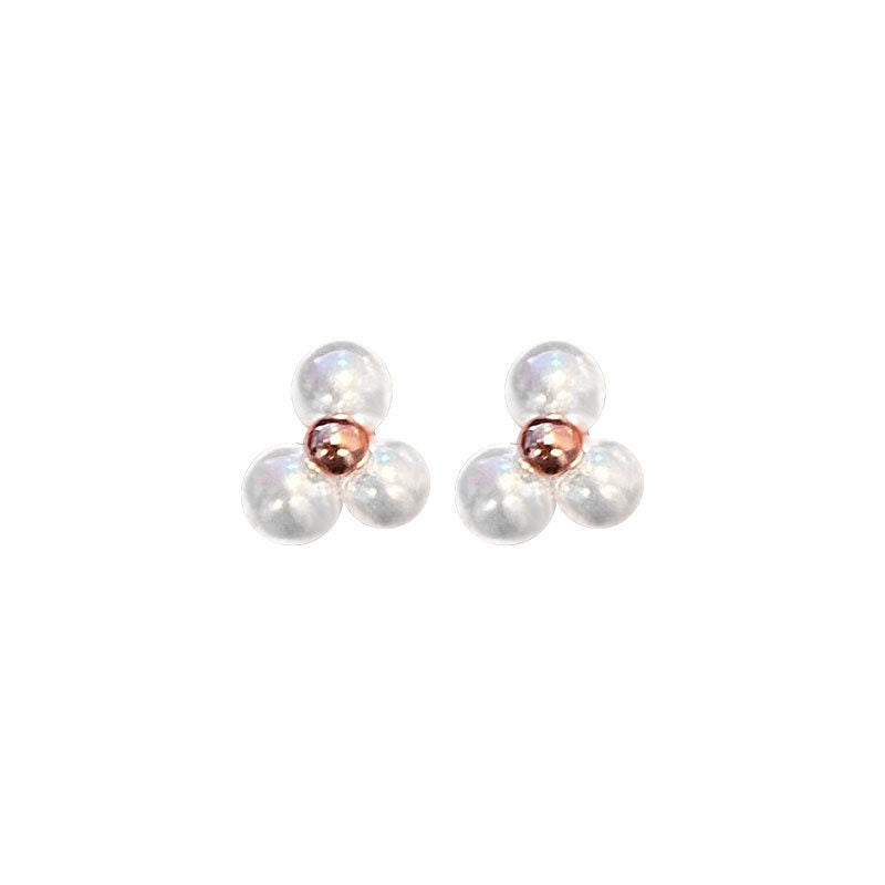 Rose Gold Trio-Pearl Stud Earrings, Tiny Ball Paving Pearl Earring, Rose Gold Pearl Earrings, Triple Pearl Studs, Perfect Gift for her GE275