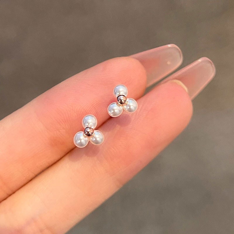 Rose Gold Trio-Pearl Stud Earrings, Tiny Ball Paving Pearl Earring, Rose Gold Pearl Earrings, Triple Pearl Studs, Perfect Gift for her GE275