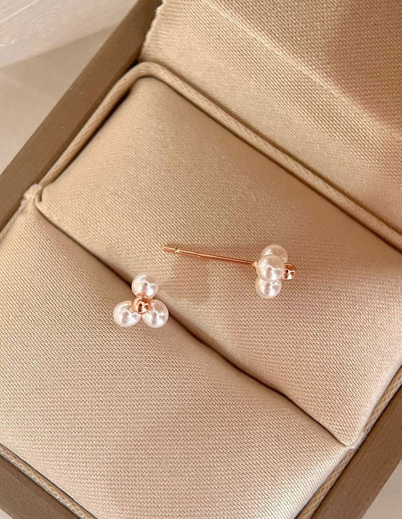 Rose Gold Trio-Pearl Stud Earrings, Tiny Ball Paving Pearl Earring, Rose Gold Pearl Earrings, Triple Pearl Studs, Perfect Gift for her GE275