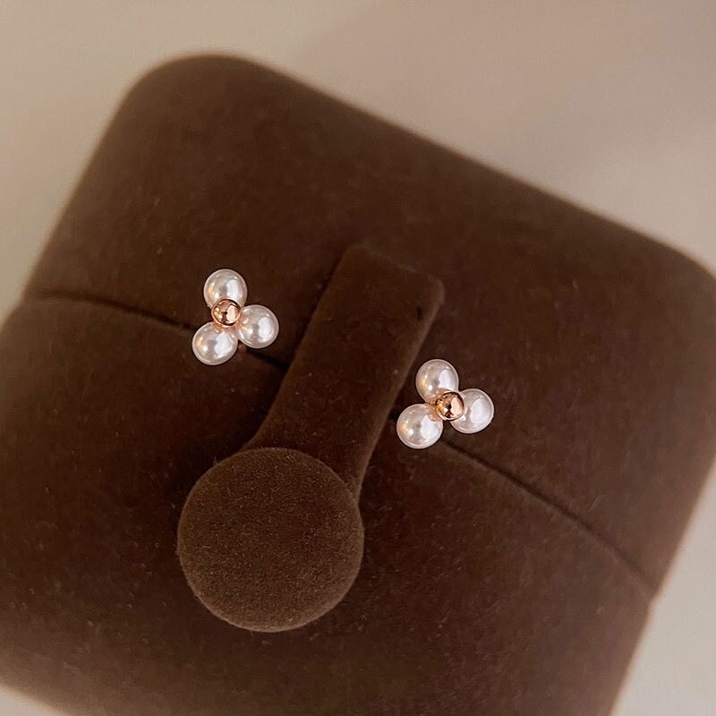 Rose Gold Trio-Pearl Stud Earrings, Tiny Ball Paving Pearl Earring, Rose Gold Pearl Earrings, Triple Pearl Studs, Perfect Gift for her GE275