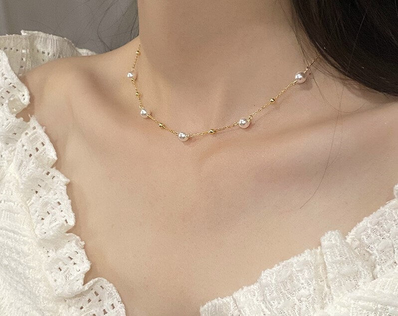 14k Gold Vermeil Pearl & Tiny Ball Necklace, Dainty Gold Ball Pearl Necklace, Stackable Simulated Pearl Necklace, Gift for her, GN87