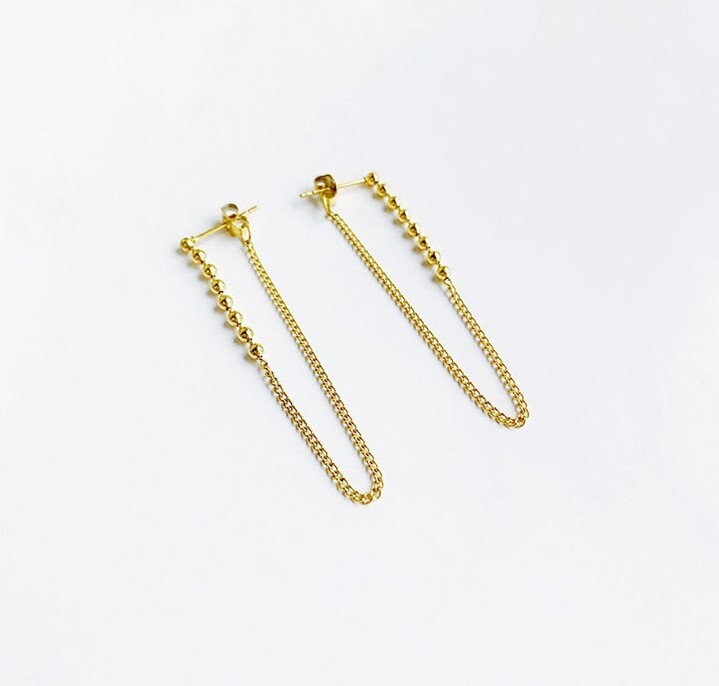 Dainty Gold Threader Earrings, Gold Vermeil Tassel Earrings, Ball Threader Earring, Minimalist Long Chain Drop Earrings, Gift for her,GE287