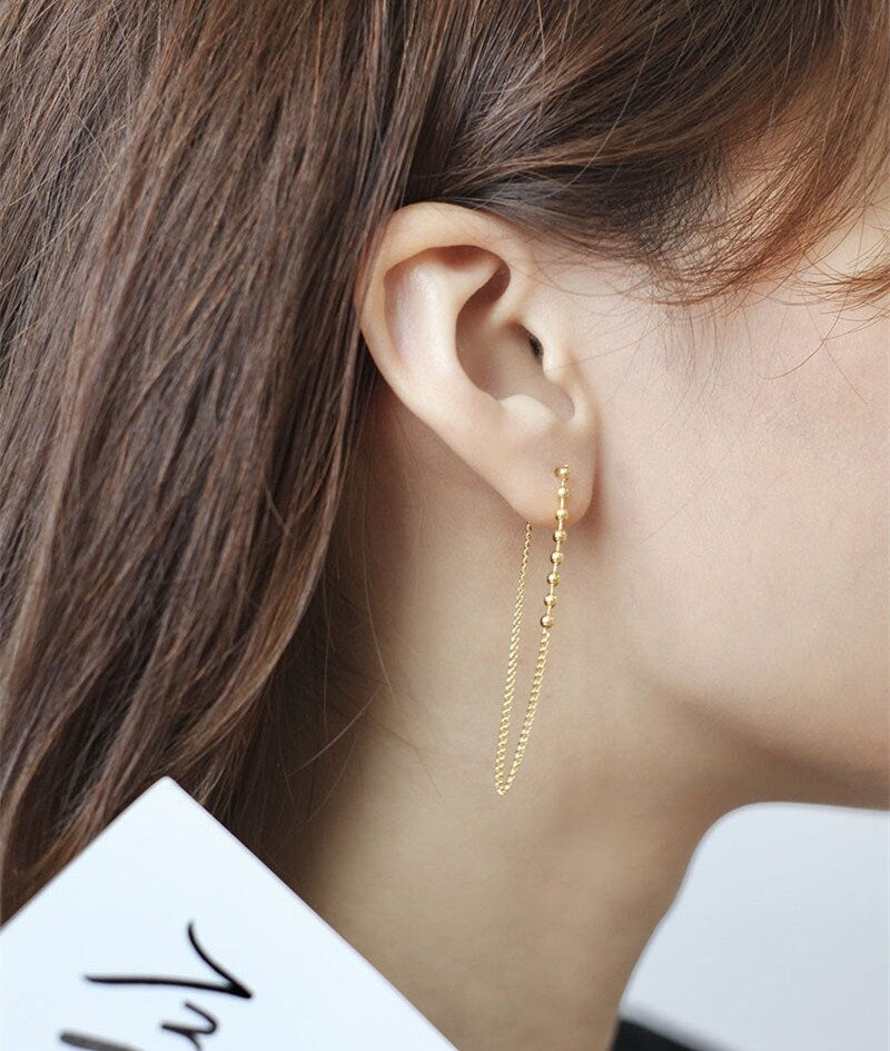 Dainty Gold Threader Earrings, Gold Vermeil Tassel Earrings, Ball Threader Earring, Minimalist Long Chain Drop Earrings, Gift for her,GE287