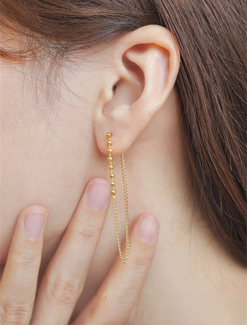 Dainty Gold Threader Earrings, Gold Vermeil Tassel Earrings, Ball Threader Earring, Minimalist Long Chain Drop Earrings, Gift for her,GE287