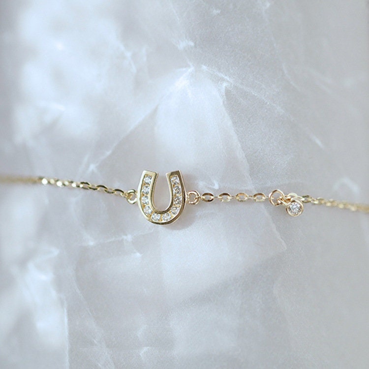 Dainty CZ Horseshoe Bracelet with litter CZ, Gold Vermeil CZ Horseshoe Bracelet, Minimalist U-shaped Bracelet, Perfect Gift for Her, GB09