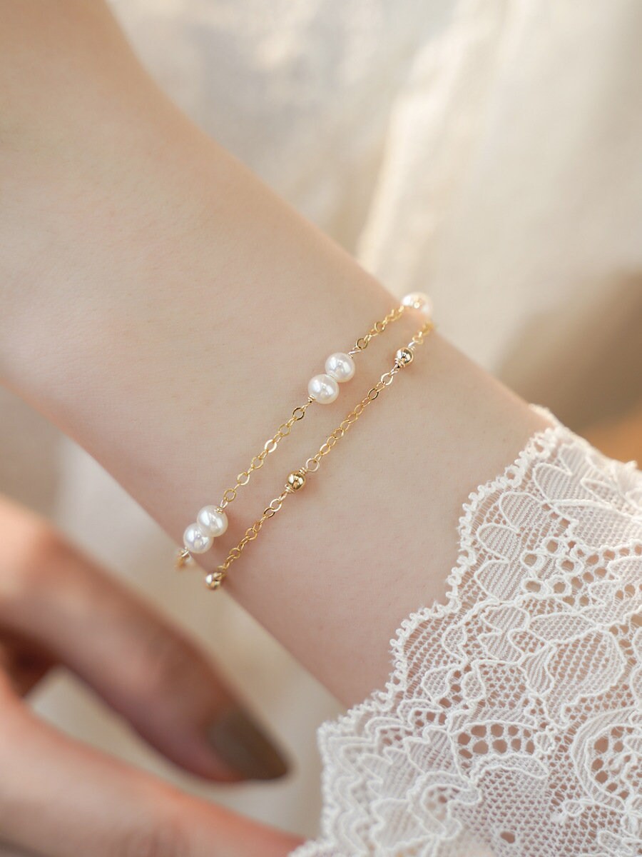 Dainty Pearl Bracelet, Gold Vermeil Fresh Water Pearl Bracelet, Double Chain Bracelet, Minimalist Bracelet, Birthday/Bridesmaid Gift, GB11