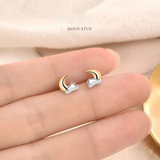 925 Silver Cloud Moon Stud Earrings, Moon Cloud Earrings, Two-tone Crescent Moon & Cloud Earrings, Helix Earrings, Gift for her, GE289